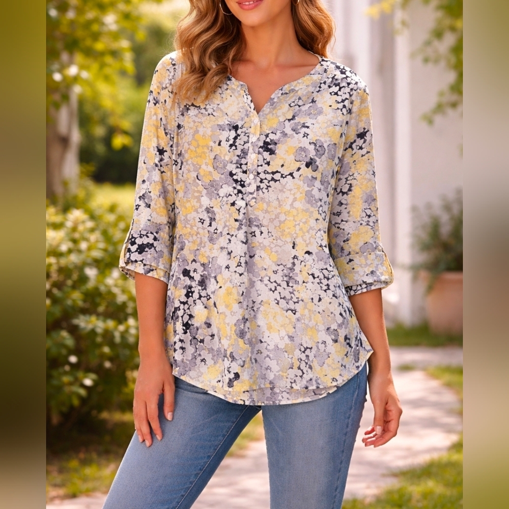 Croft & Barrow Yellow and Black Floral Blouse